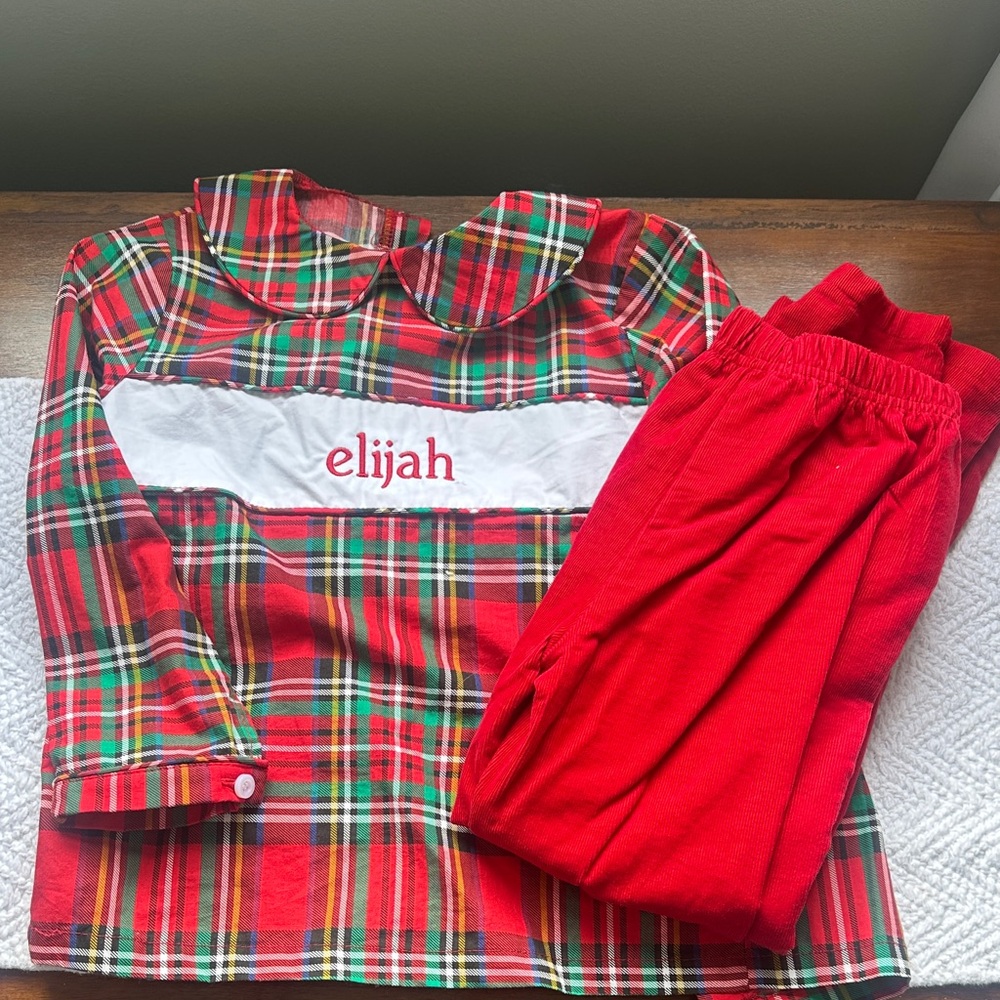 Personalized Red Plaid Kids Pajama Set with White Name Panel Elijah